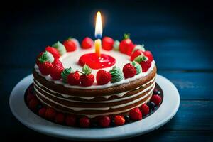 a birthday cake with a single candle. AI-Generated photo