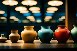 a row of colorful vases on a table. AI-Generated photo