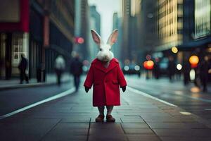 a rabbit wearing a red coat and standing on a city street. AI-Generated photo