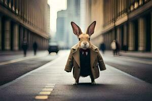 a rabbit wearing a suit and tie standing on a street. AI-Generated photo