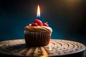 a cupcake with a single candle on top. AI-Generated photo