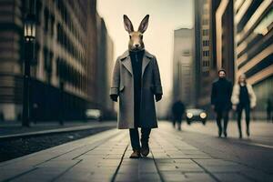 a rabbit wearing a coat and hat on a city street. AI-Generated photo