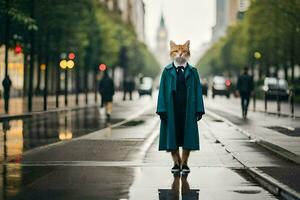 a fox wearing a coat and tie standing on a wet street. AI-Generated photo