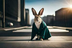 a rabbit wearing a green coat on the street. AI-Generated photo
