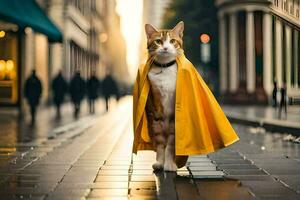 a cat wearing a yellow cape walks down a city street. AI-Generated photo