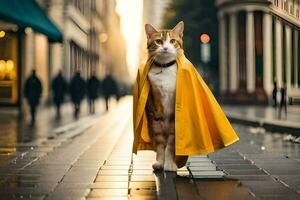 un gato vistiendo un amarillo capa camina abajo un ciudad calle. generado por ai foto