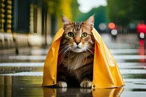 a cat is under a yellow raincoat. AI-Generated photo