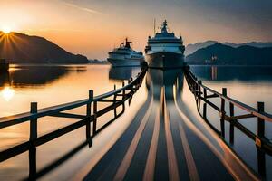 two boats docked at the end of a dock. AI-Generated photo