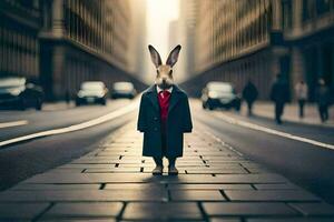 a rabbit dressed in a suit and tie stands on a street. AI-Generated photo