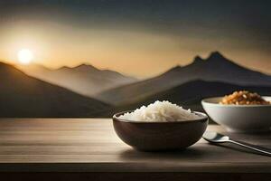 the rice is served in a bowl with a spoon and a bowl of rice on a wooden table. AI-Generated photo