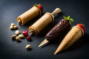 three ice cream cones with chocolate, nuts and strawberries. AI-Generated photo