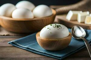 eggs in wooden bowls with spoons and a bowl of butter. AI-Generated photo