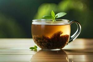 a cup of tea with a mint leaf. AI-Generated photo