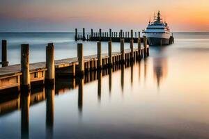 a boat docked at the end of a dock at sunset. AI-Generated photo