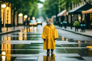 a cat in a raincoat standing on a wet street. AI-Generated photo