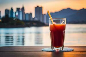 a glass of red drink sitting on a table in front of a city skyline. AI-Generated photo