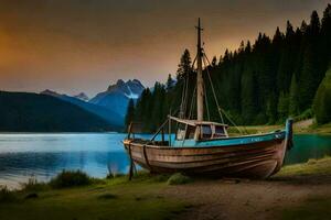 a boat sits on the shore of a lake at sunset. AI-Generated photo