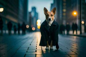 a dog wearing a coat and standing on a street. AI-Generated photo