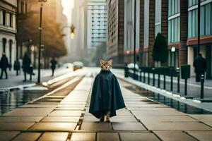 un gato en un capa caminando abajo un ciudad calle. generado por ai foto