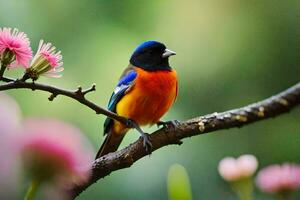 a colorful bird sits on a branch with pink flowers. AI-Generated photo