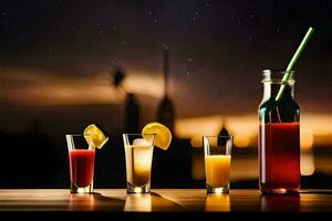 un grupo de bebidas en un mesa con un noche cielo en el antecedentes. generado por ai foto