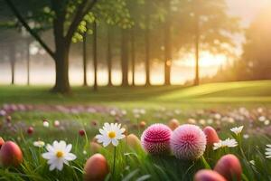 Pascua de Resurrección flores y huevos en un campo. generado por ai foto