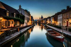 a boat is docked in a canal at dusk. AI-Generated photo