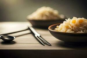 a bowl of rice with chopsticks and spoon. AI-Generated photo