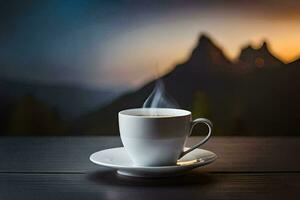 a cup of coffee on a table in front of mountains. AI-Generated photo