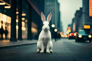 a white rabbit is sitting on the street. AI-Generated photo