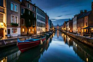 a boat is docked in a canal at night. AI-Generated photo