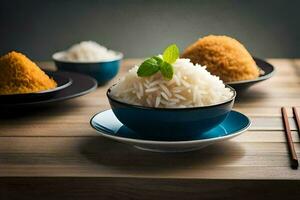 a bowl of rice with chopsticks on a table. AI-Generated photo