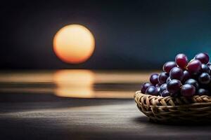 grapes in a basket on a table in front of a sunset. AI-Generated photo