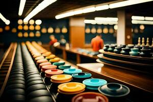 a row of colorful bowls in a store. AI-Generated photo