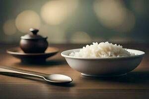 arroz en un cuenco y cuchara en un de madera mesa. generado por ai foto