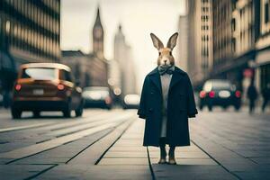 a rabbit wearing a coat and tie standing on a street. AI-Generated photo