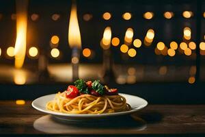 espaguetis con tomate y albahaca en un lámina. generado por ai foto