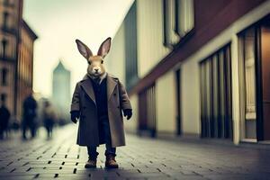 a rabbit wearing a coat and tie standing on a street. AI-Generated photo