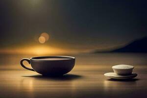 a cup of coffee and a sugar cube on a table. AI-Generated photo