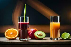 two glasses of juice with fruit and an apple. AI-Generated photo