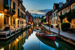 a boat is docked in a canal at dusk. AI-Generated photo