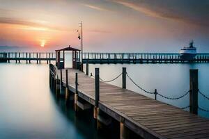 a pier with a boat at sunset. AI-Generated photo