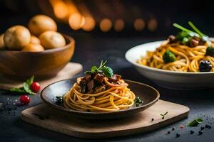 spaghetti with mushrooms and vegetables in a bowl. AI-Generated photo