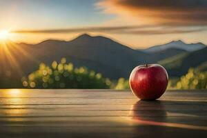 an apple sits on a table in front of a mountain. AI-Generated photo