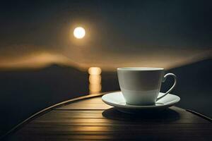 un taza de café en un mesa en frente de un lleno Luna. generado por ai foto