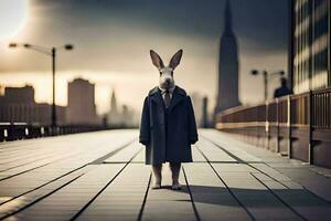 a rabbit in a coat stands on a bridge. AI-Generated photo