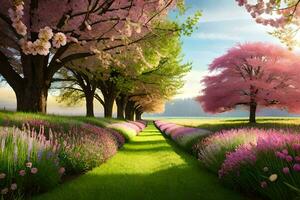 a beautiful spring day with pink trees and flowers. AI-Generated photo