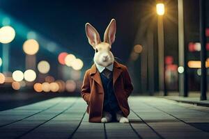 a rabbit wearing a suit and tie sits on a sidewalk. AI-Generated photo