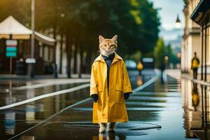 a cat in a yellow raincoat standing on a wet street. AI-Generated photo