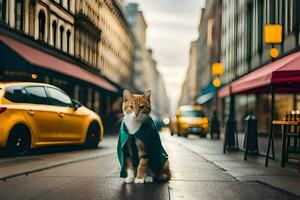 a cat in a green coat standing on the street. AI-Generated photo